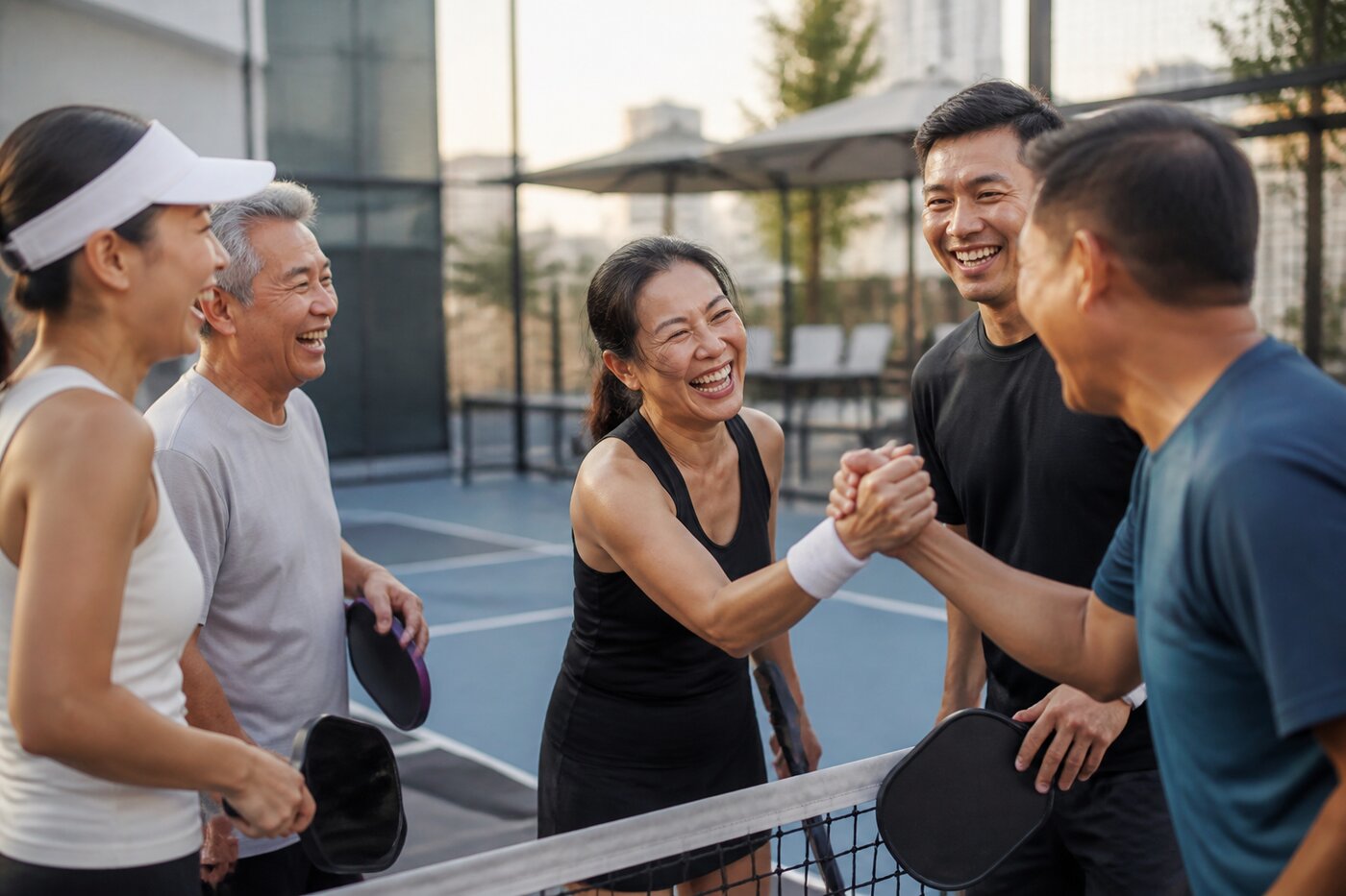 Pickleball players of mixed ages celebrating together on a rooftop court in Asia